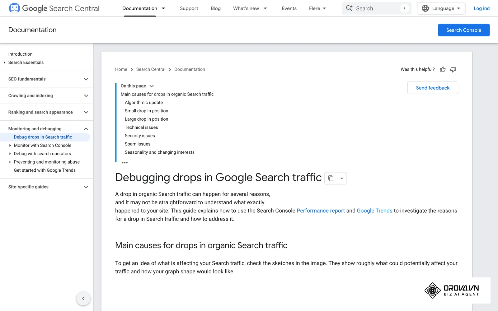 Google Search Centrals vejledning i at fejlsøge fald i søgetrafik ved hjælp af effektivitetsrapporten i Search Console.