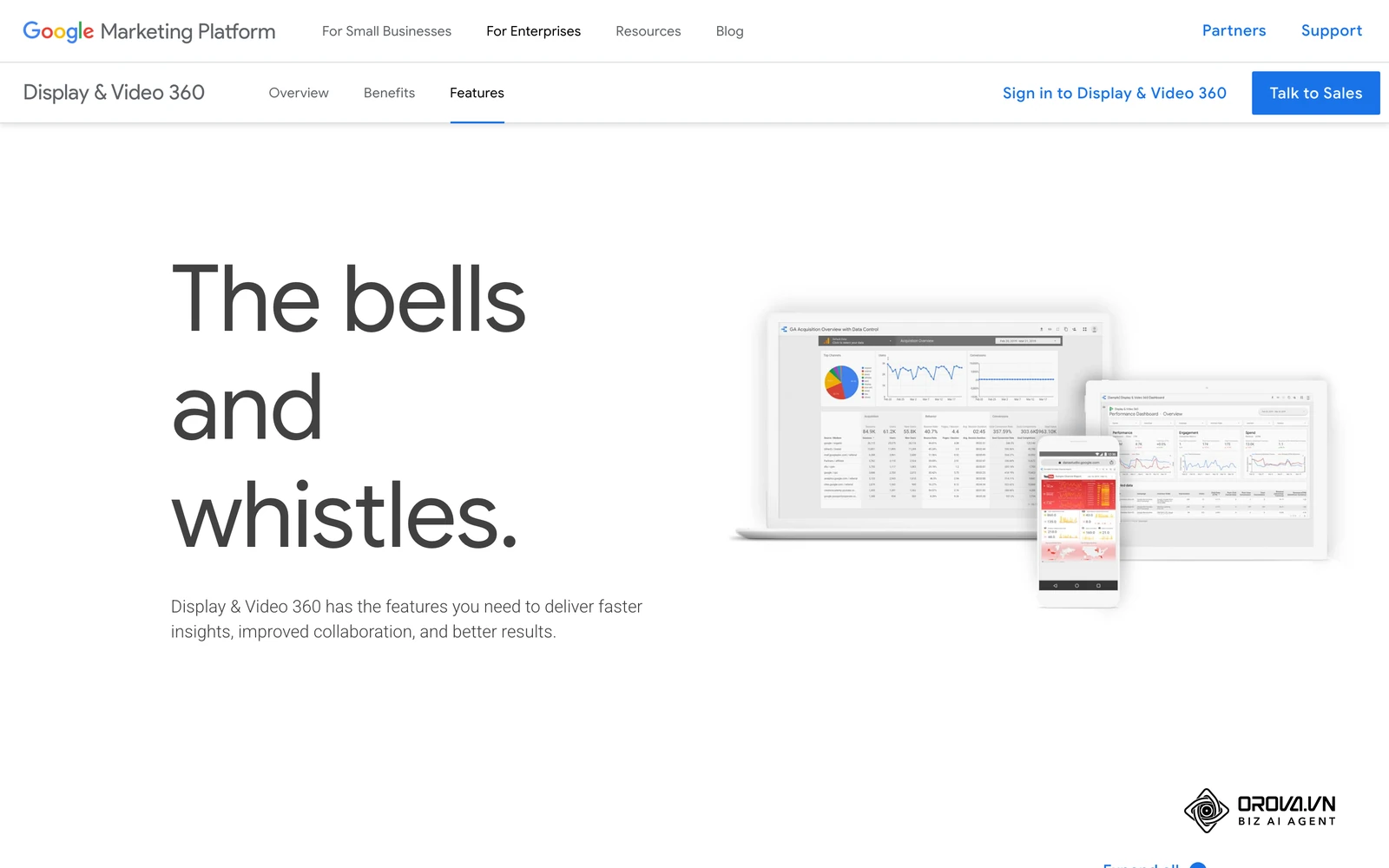 Google's official Display & Video 360 features page, showing how a demand-side platform plans, buys and optimizes programmatic ad inventory.