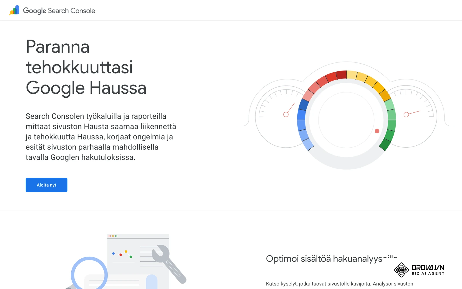 Google Search Consolen virallinen esittelysivu, jossa näkyy esimerkkejä Tehokkuus-raportin näkymistä.