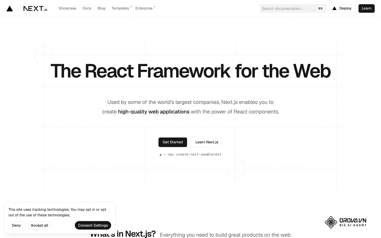 Documentation du framework Next.js présentant le rendu hybride et la génération statique à grande échelle.