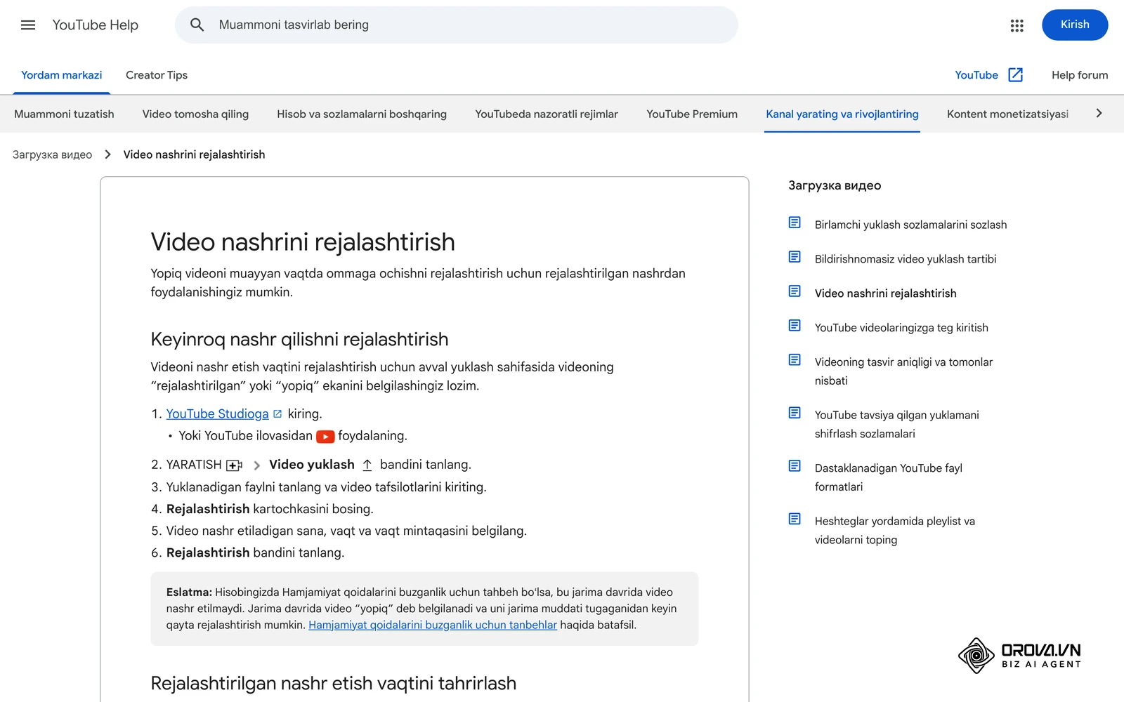 YouTube yordam markazi (oʻzbekcha): “Video nashrini rejalashtirish” — sana, vaqt va vaqt mintaqasini belgilash.