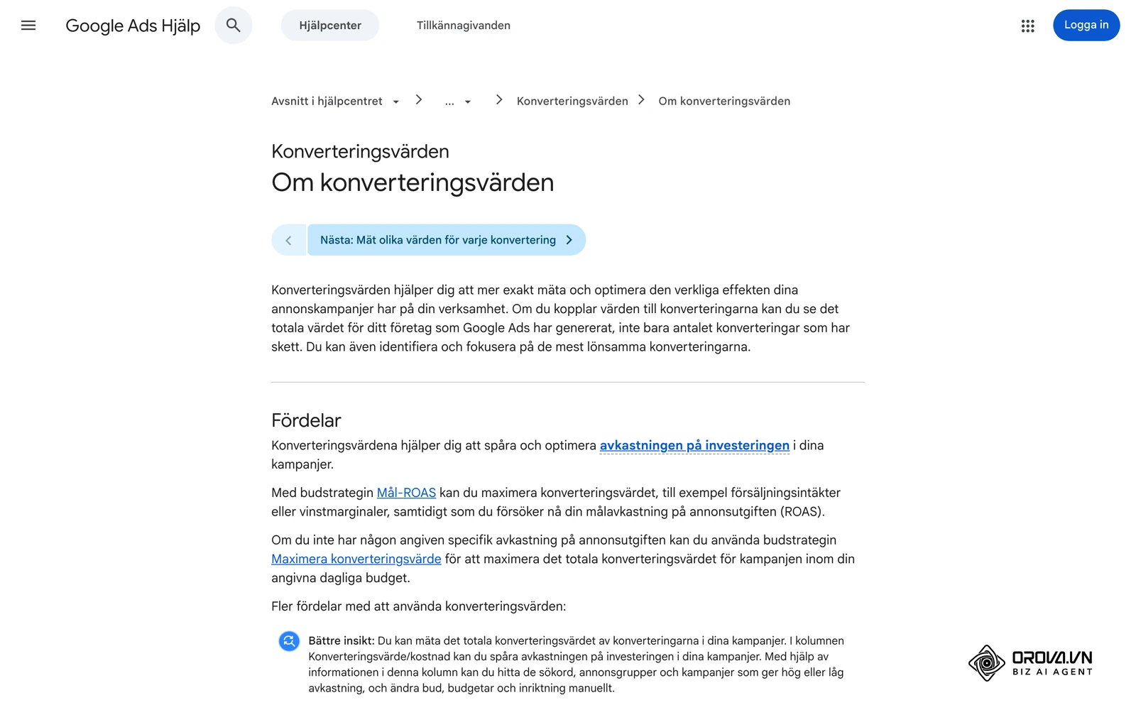 Google Ads Hjälp på svenska: Om konverteringsvärden, grunden för att räkna ROAS i Google Ads.