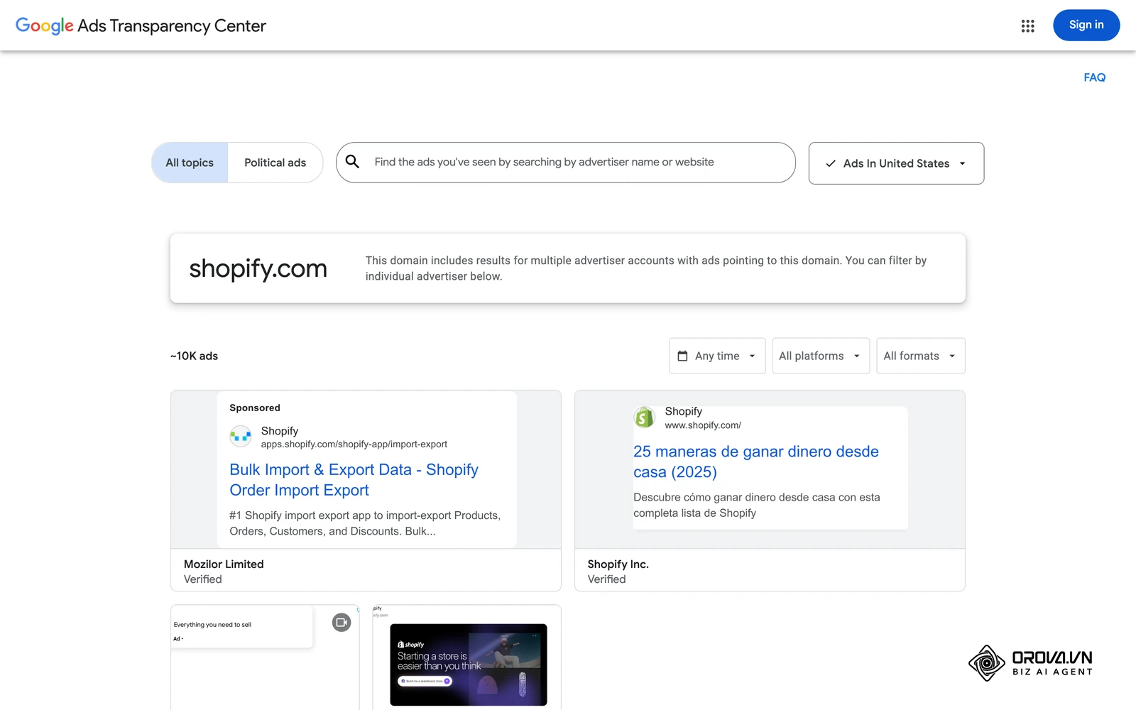 Real Google ads pointing to one advertiser domain (shopify.com) in Ads Transparency Center, where different headlines and offers run side by side.