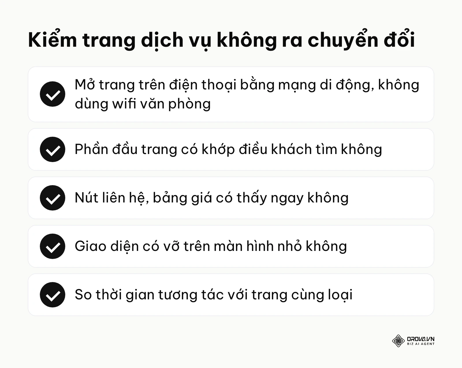 Danh sách kiểm tra trang dịch vụ có lượt truy cập nhưng không có chuyển đổi