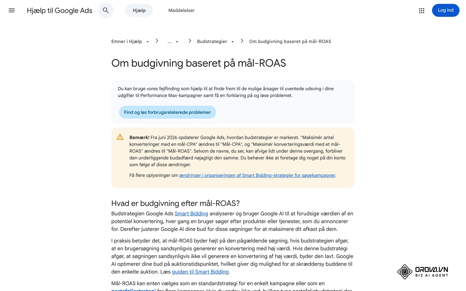 Google Ads Hjælp på dansk: "Om budgivning baseret på mål-ROAS" – sådan beregner Google mål-ROAS ud fra konverteringsværdi og annonceudgifter.