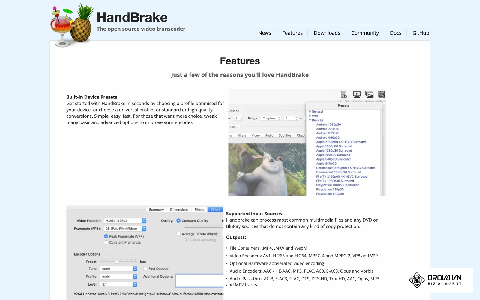Trang tính năng HandBrake có ảnh giao diện thẻ Video: chọn bộ mã H.264 (x264), Constant Quality và Framerate để nén video bài giảng.