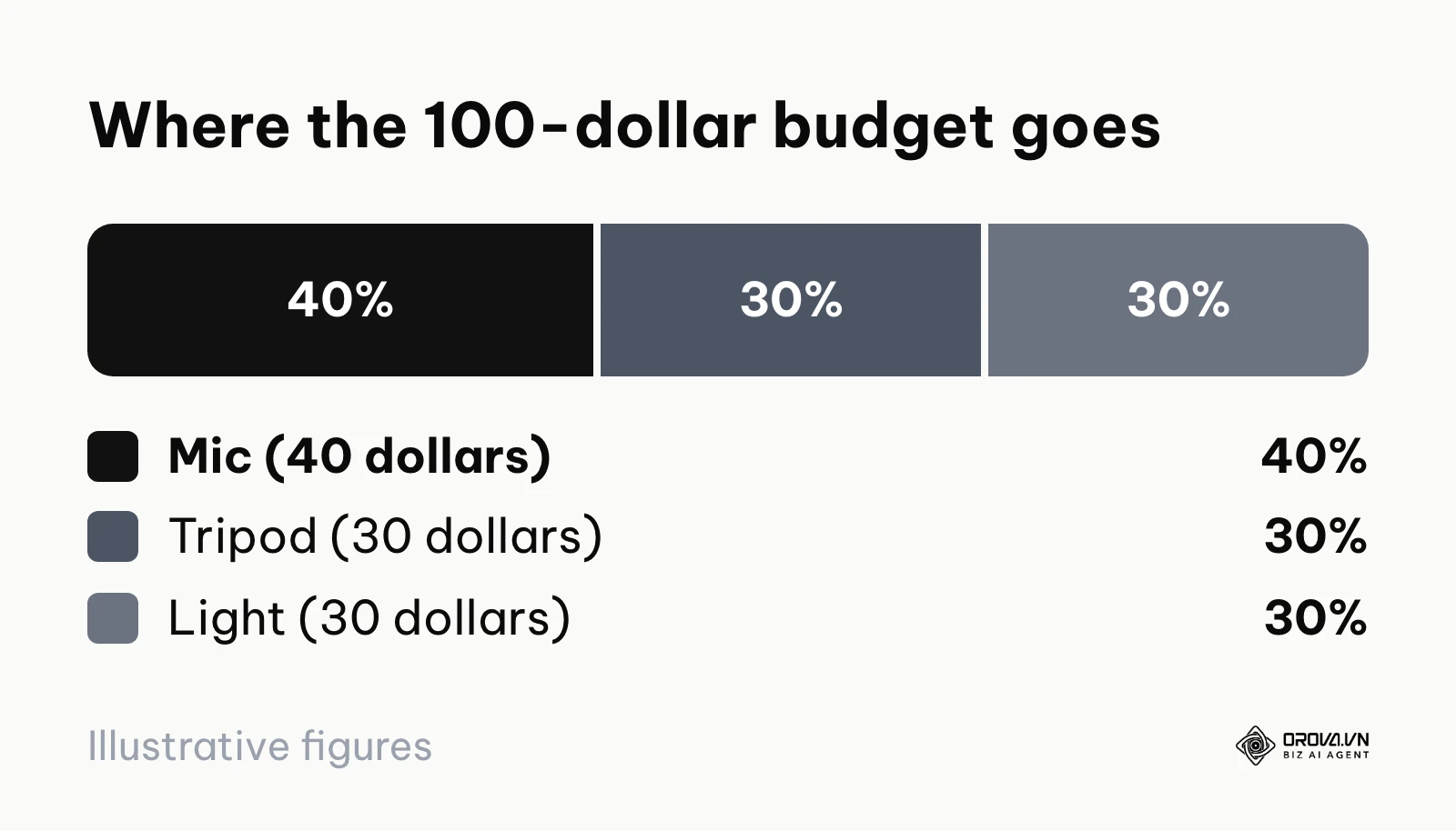 A chart splitting a 100-dollar recording budget into microphone, tripod and light.