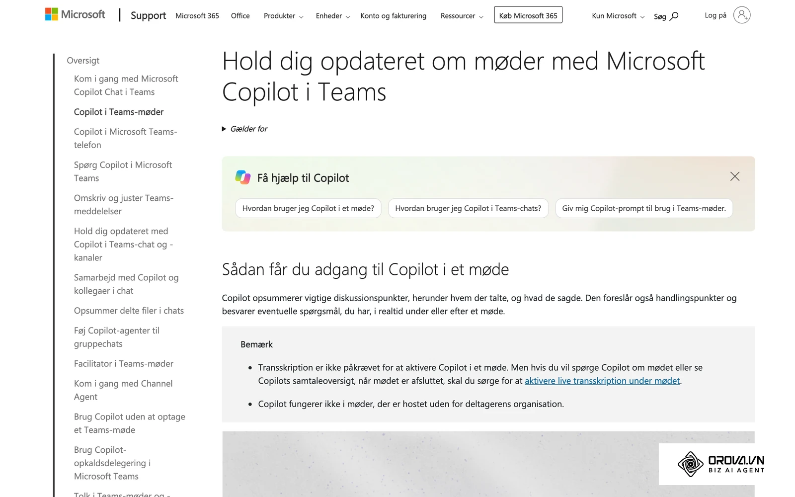 Microsoft Support (dansk) om Copilot i Teams-møder: Copilot opsummerer diskussionspunkter og foreslår handlingspunkter ud fra transskriptionen.