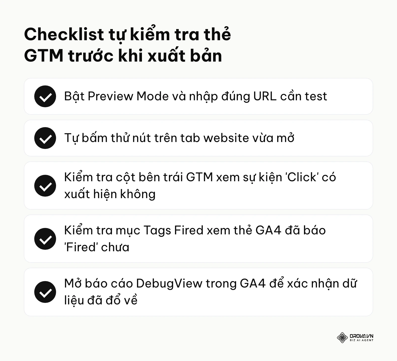 Danh sách kiểm tra 5 bước cần thực hiện trong chế độ gỡ lỗi của GTM để đảm bảo thẻ hoạt động