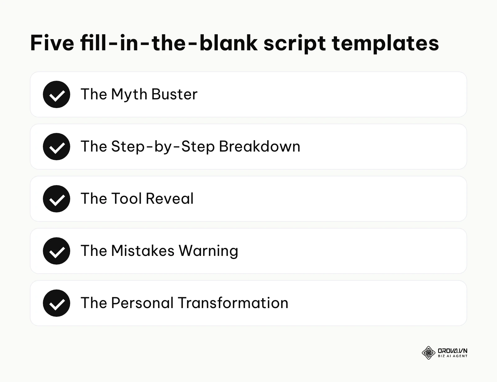 Checklist of the five short video script templates covered in this section.