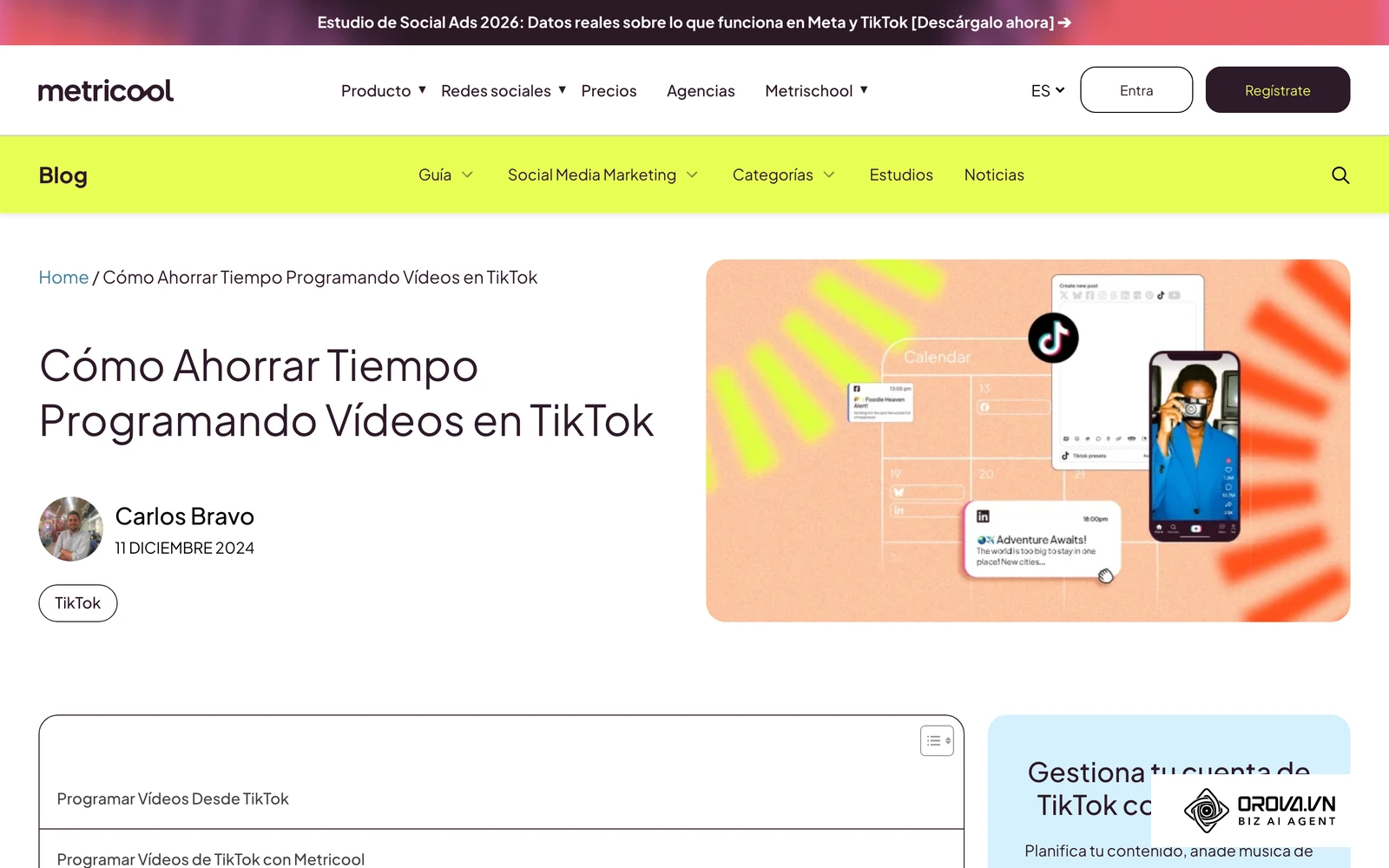 Página oficial de Metricool sobre la programación de vídeos de TikTok desde su planificador.
