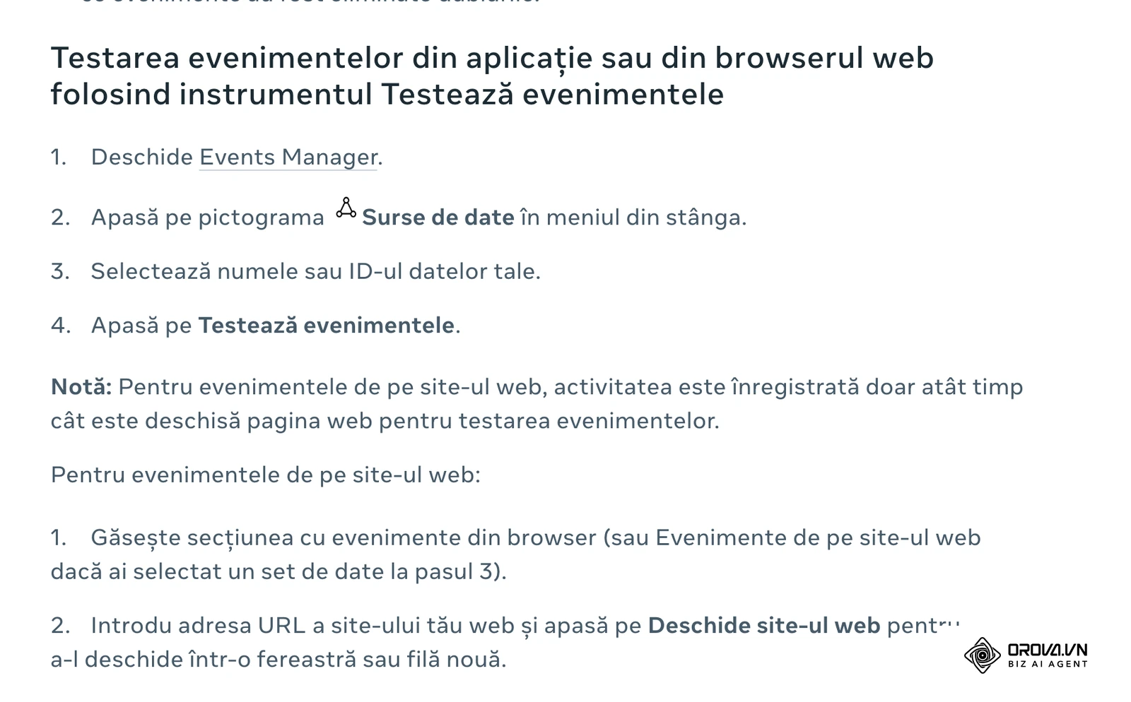 Centrul de ajutor Meta, în română: pașii instrumentului Testează evenimentele din Events Manager (Surse de date > Testează evenimentele > Deschide site-ul web).