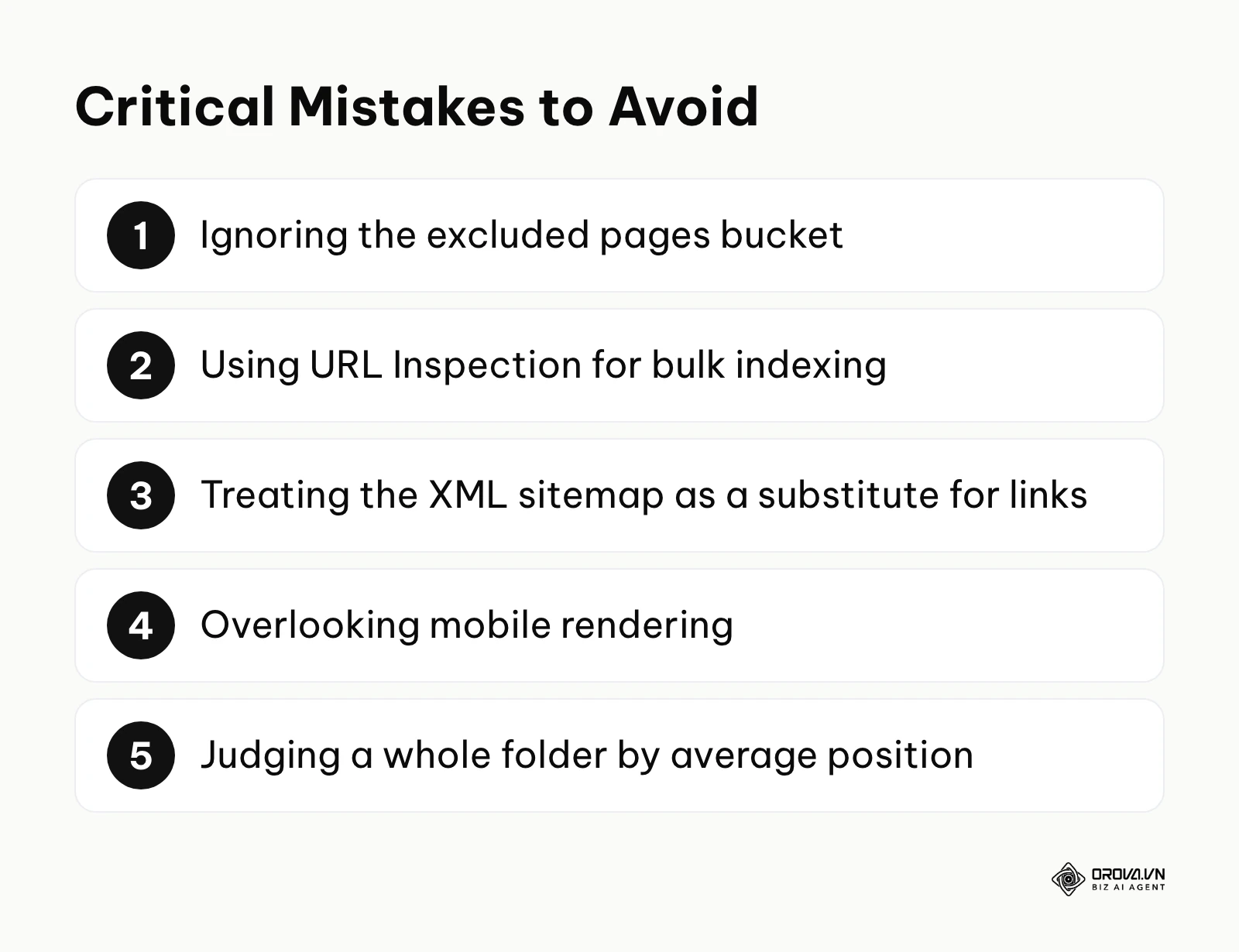 Summary list of common mistakes made by webmasters when using the platform.