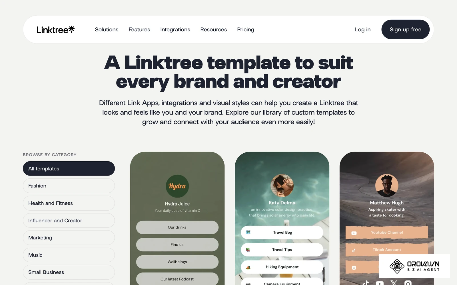 Linktree's official template gallery with theme presets for bio pages.