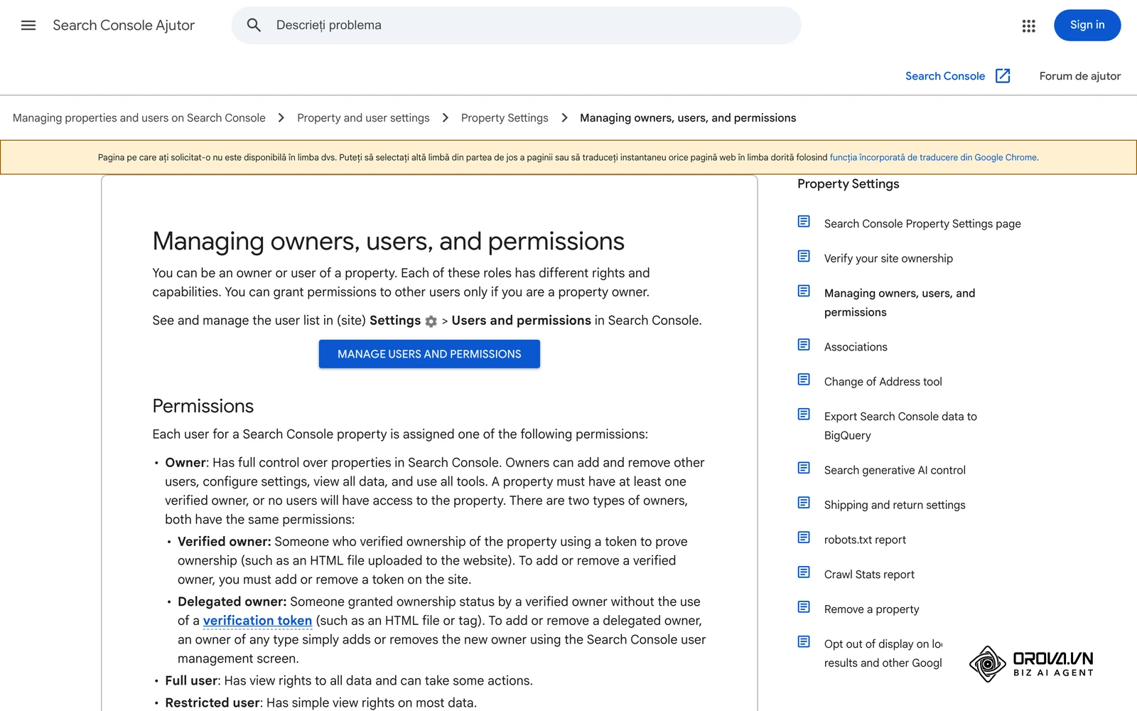 Ajutorul Search Console: proprietari, utilizatori și permisiuni (Setări › Utilizatori și permisiuni).