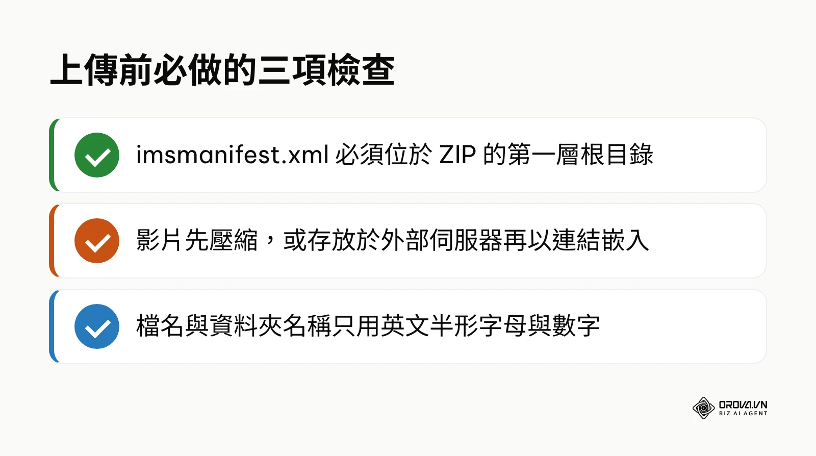 列出上傳教材前必須檢查的三個關鍵項目