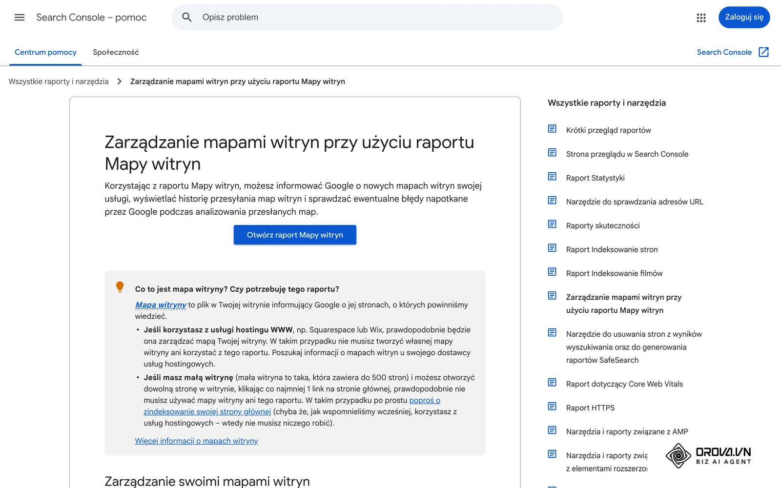 Pomoc Search Console: raport Mapy witryn – pole Dodaj nową mapę witryny, przycisk Prześlij i stany Sukces / Nie udało się pobrać.