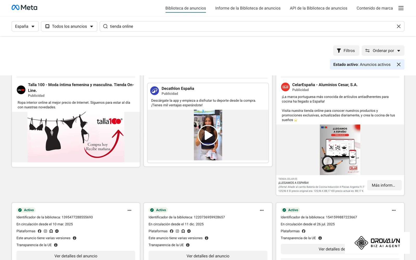 Resultados de la Biblioteca de anuncios de Meta para España: anuncios activos de tiendas online que compiten en la misma subasta.