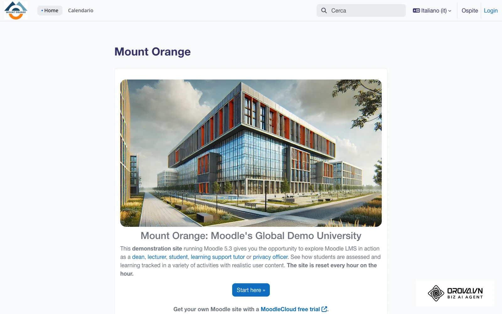 Home page di Mount Orange, il sito dimostrativo pubblico di Moodle LMS