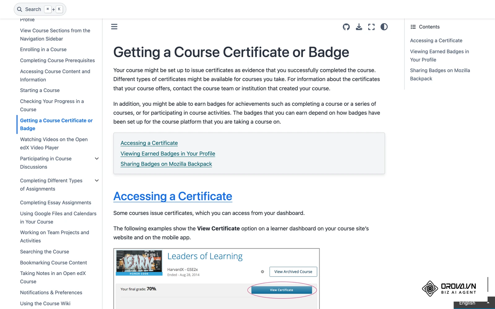 Officiële documentatie van Open edX: het dashboard van de cursist met cijfer en een link naar het webcertificaat.
