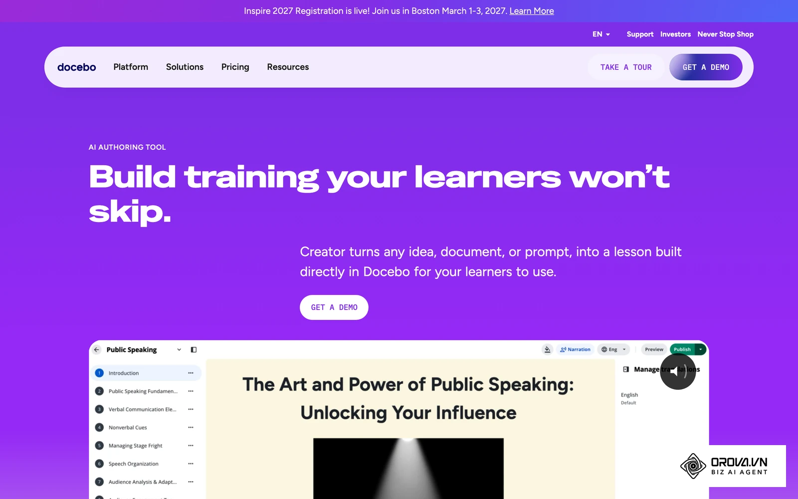 The Docebo Creator course editor inside Docebo: lesson outline on the left, slide canvas in the middle and a translations panel on the right (official Docebo content creation page).