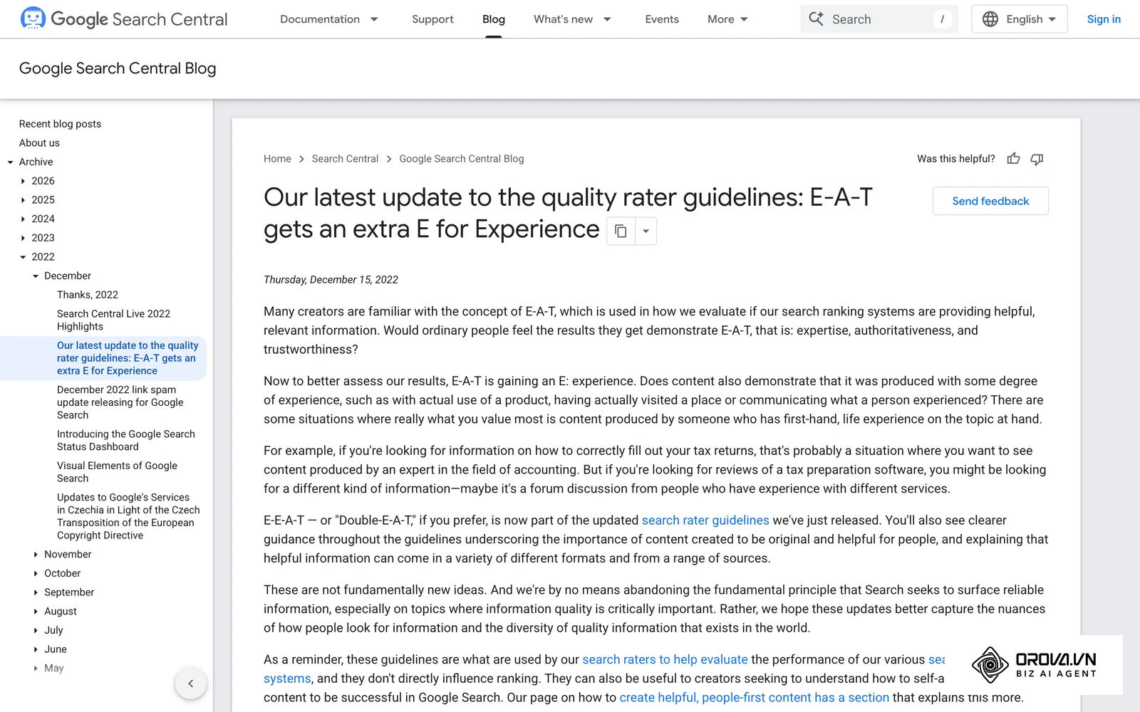 Google Search Central's December 2022 post explains how Experience was added to E-A-T in the rater guidelines.