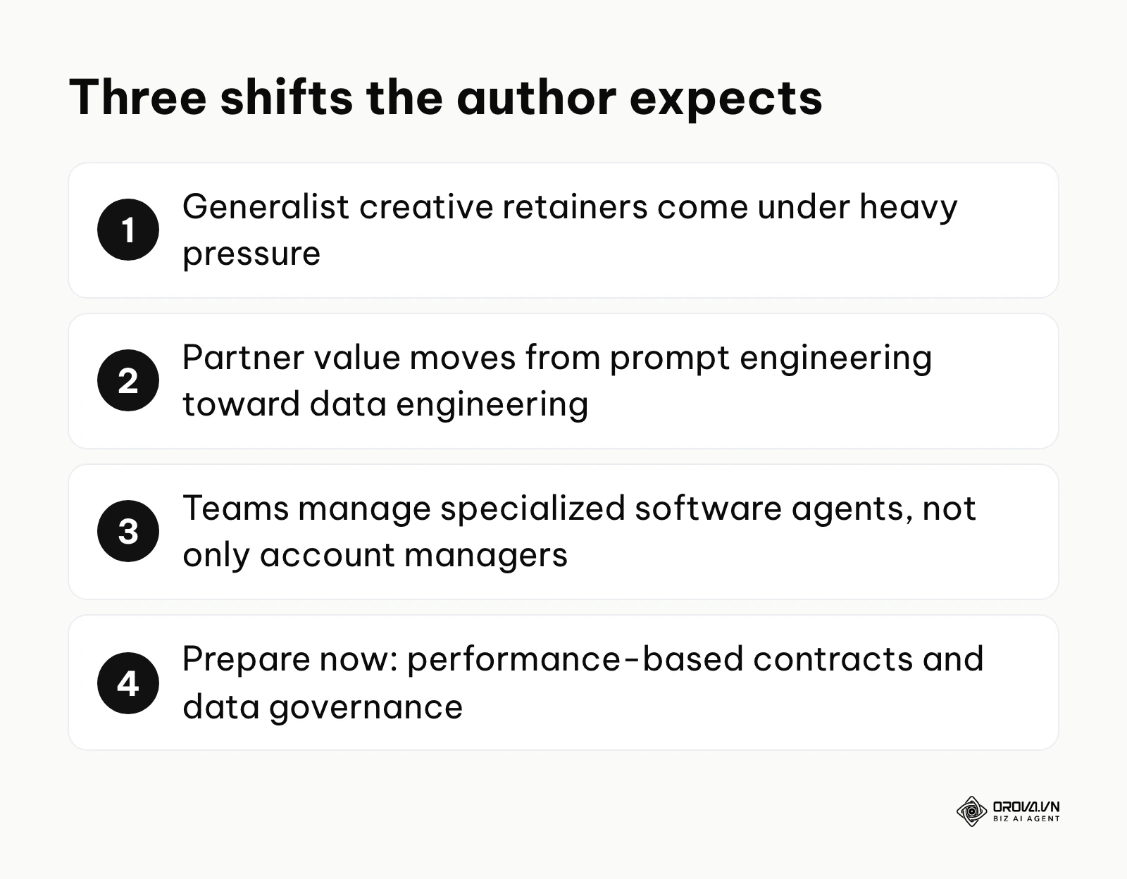 Summary of three changes the author expects in how companies work with AI marketing agencies.