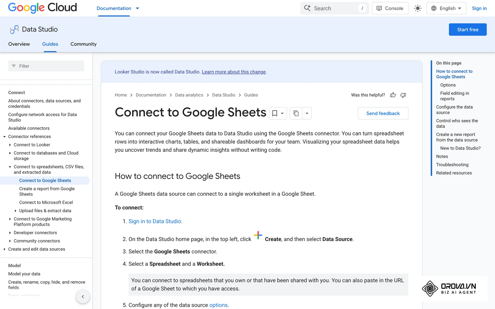 Help rasmi "Connect to Google Sheets": memilih Spreadsheet dan Worksheet, pilihan Use first row as headers dan Include hidden and filtered cells.