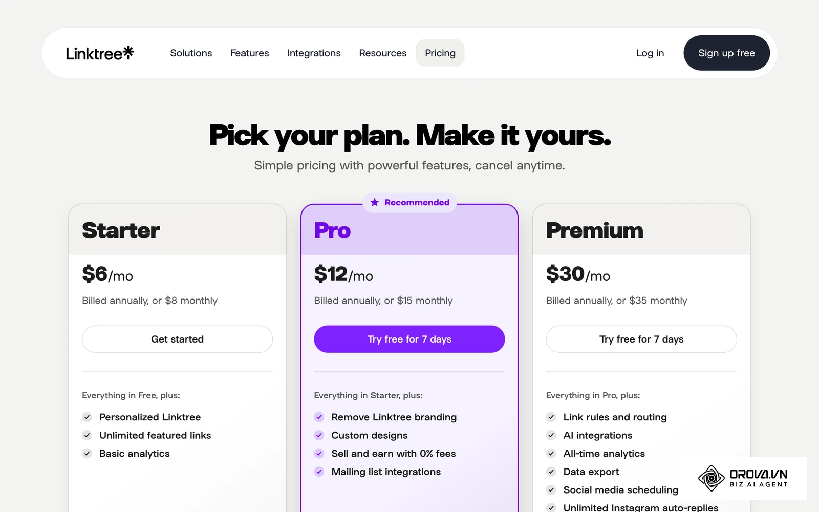 Linktree's official pricing page comparing the Free plan with paid plans.