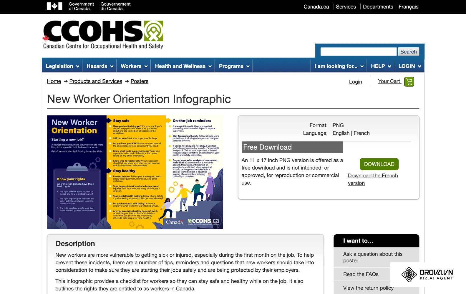 โปสเตอร์ปฐมนิเทศความปลอดภัยสำหรับพนักงานใหม่ (New Worker Orientation) ของ CCOHS ศูนย์อาชีวอนามัยและความปลอดภัยแห่งแคนาดา ตัวอย่างสื่อสรุปหัวข้อที่ต้องสอนในวันแรก