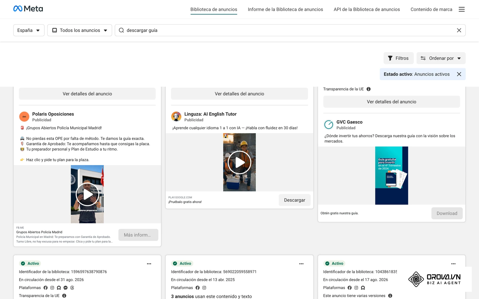 Biblioteca de anuncios de Meta: anuncios reales activos en España con su botón de llamada a la acción.