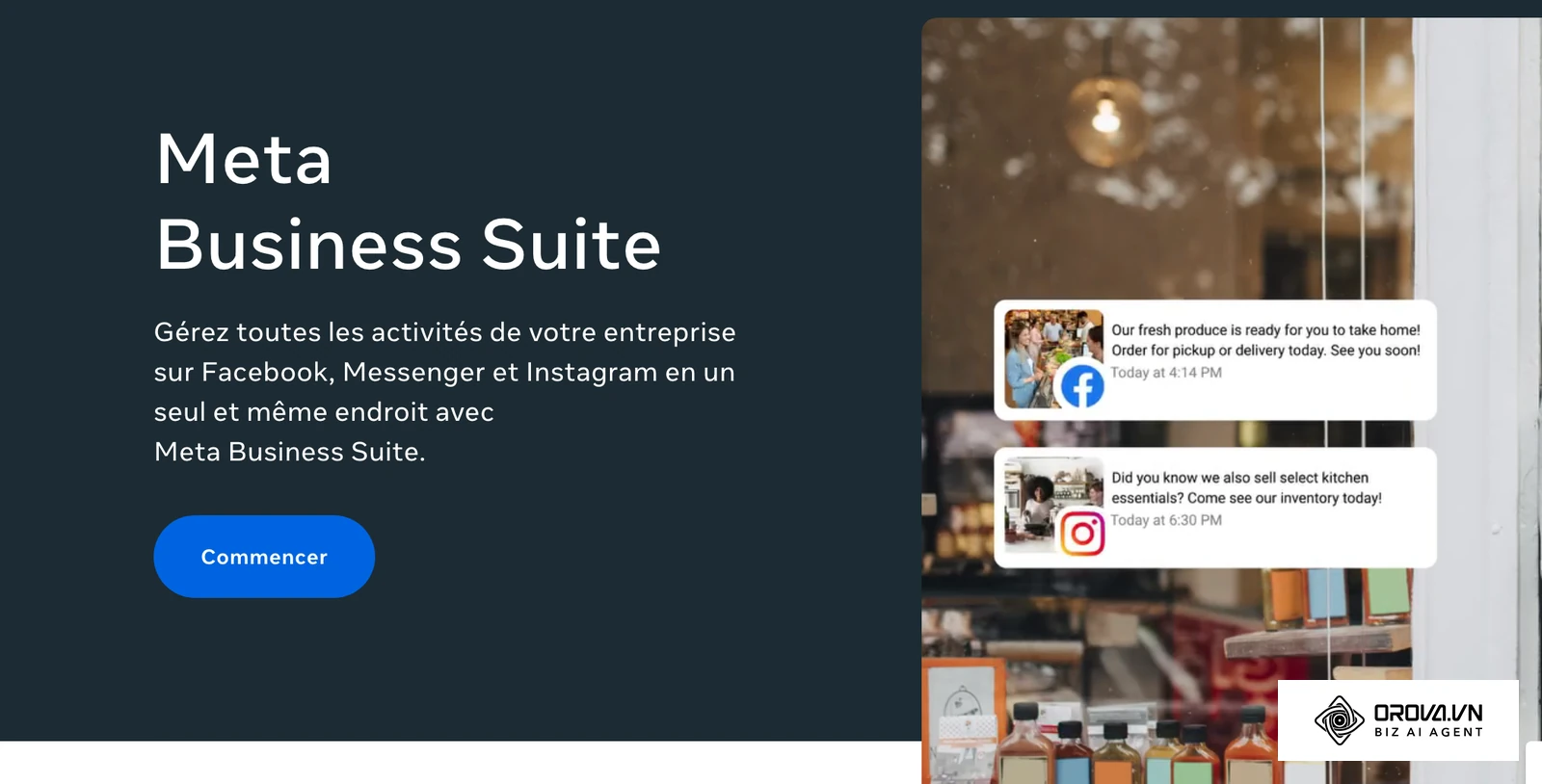 Page officielle de Meta Business Suite : deux publications programmées, l'une pour une page Facebook, l'autre pour le compte Instagram de la même boutique, avec leur heure de diffusion.