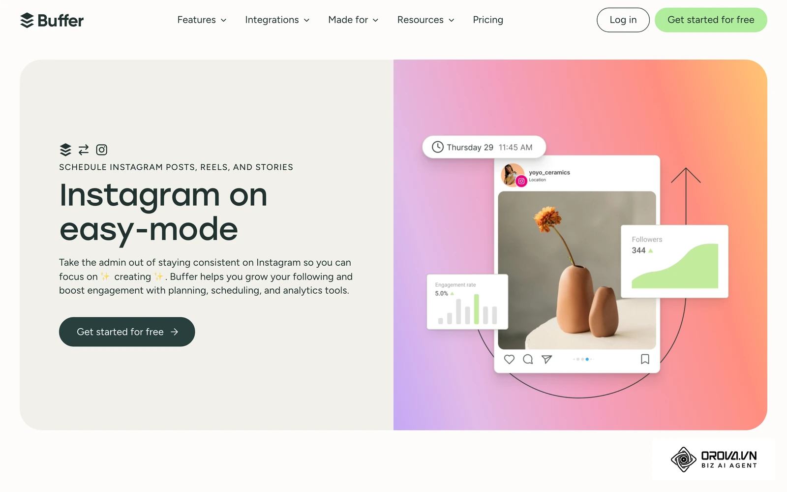 Buffer's official Instagram page, showing a scheduled Instagram post preview with engagement and follower cards.