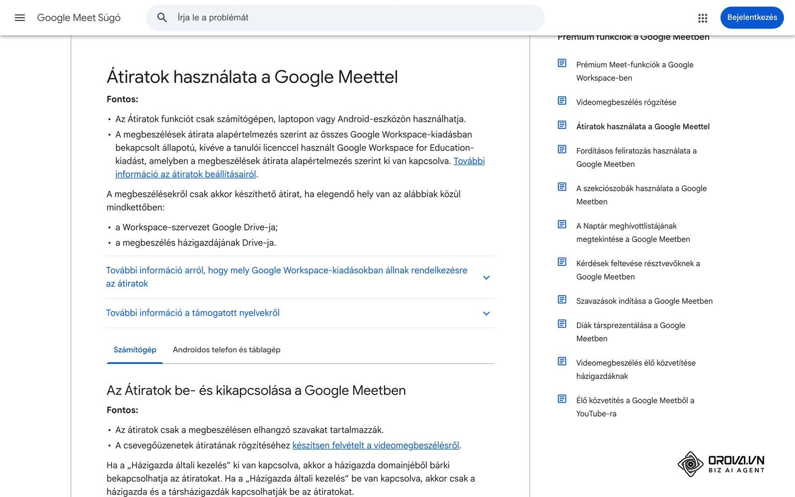 A Google Meet Súgó oldala az átiratok használatáról, amelyekből a jegyzőkönyv vázlata összeállítható.