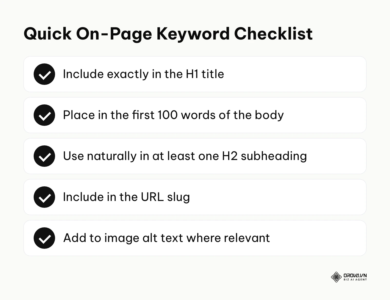 Checklist summarizing the most critical places to include a keyword on a page.