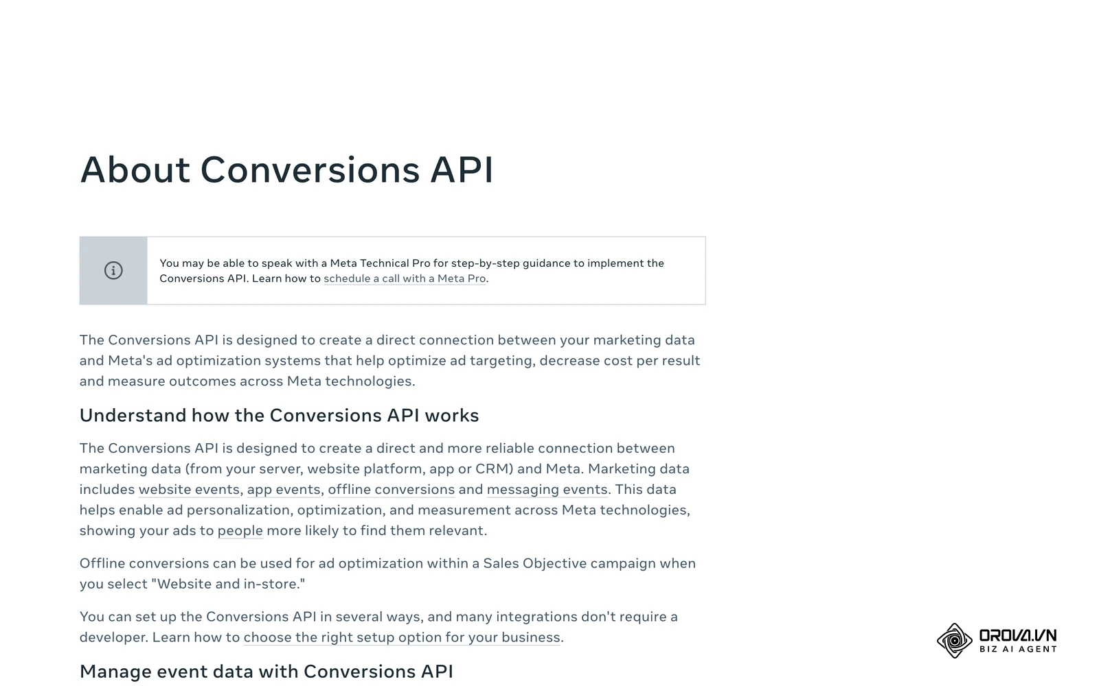 Meta Business Help Center’dagi «About Conversions API» maqolasi: server, sayt yoki CRM ma'lumotlarini Meta’ga to‘g‘ridan-to‘g‘ri ulash.