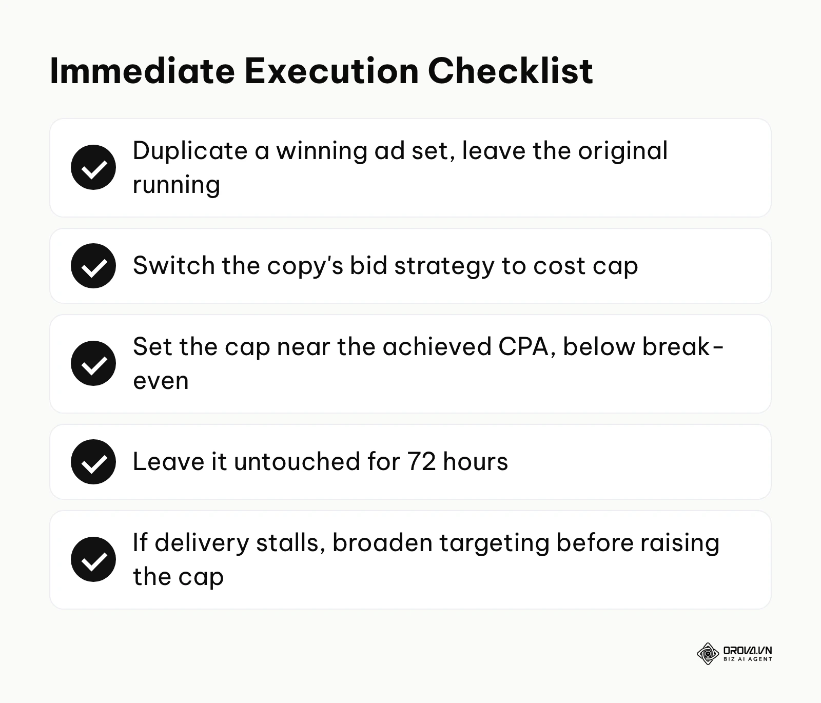 Checklist of five first steps for launching a cost cap test.