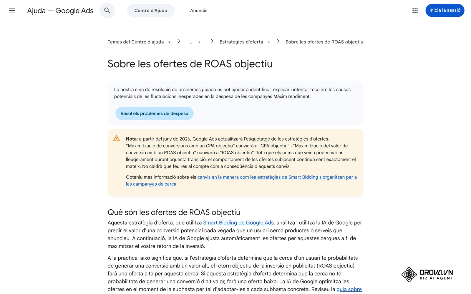 Ajuda de Google Ads en català, «Sobre les ofertes de ROAS objectiu»: des del juny de 2026 l'estratègia es diu «ROAS objectiu» (abans «Maximització del valor de conversió amb un ROAS objectiu»).