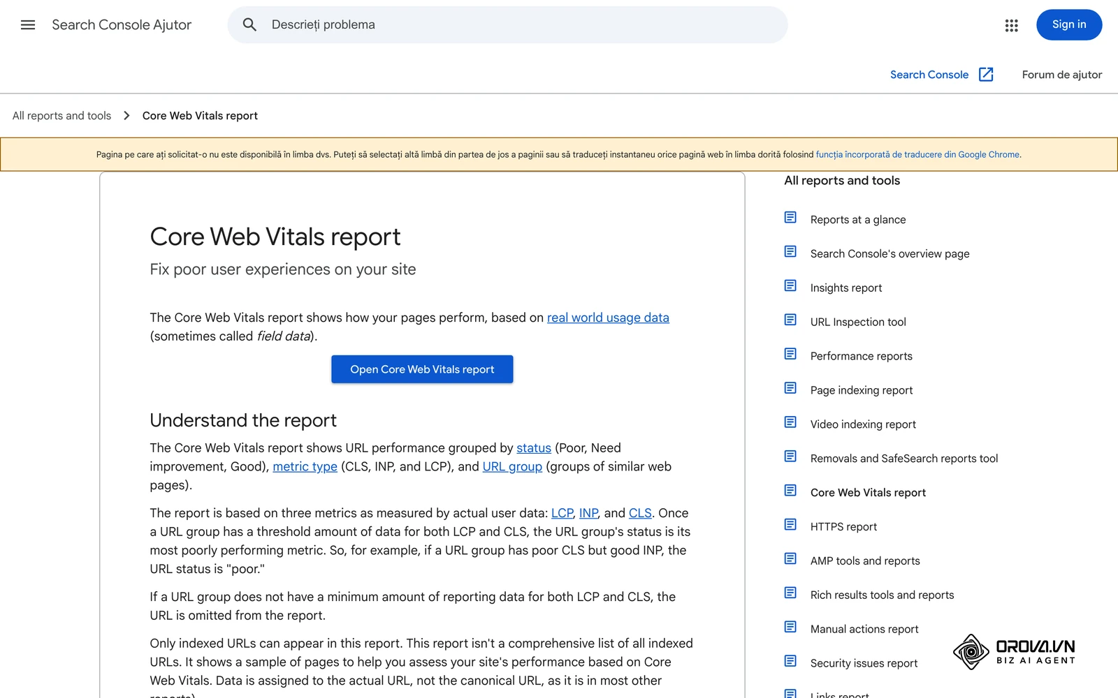 Ajutorul Search Console: raportul Core Web Vitals – indicatorii LCP, INP, CLS și stările Good, Need improvement, Poor.