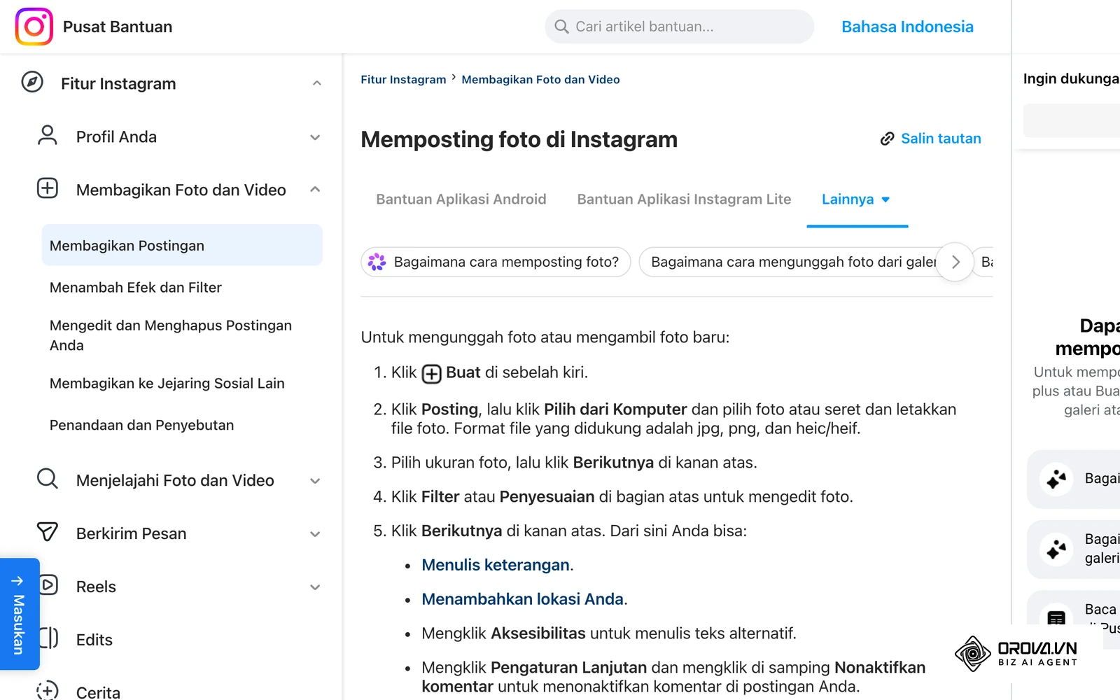 Pusat Bantuan Instagram (Bahasa Indonesia), artikel "Memposting foto di Instagram": langkah Buat, Posting, Berikutnya, lalu Menulis keterangan sebelum mengklik Bagikan.