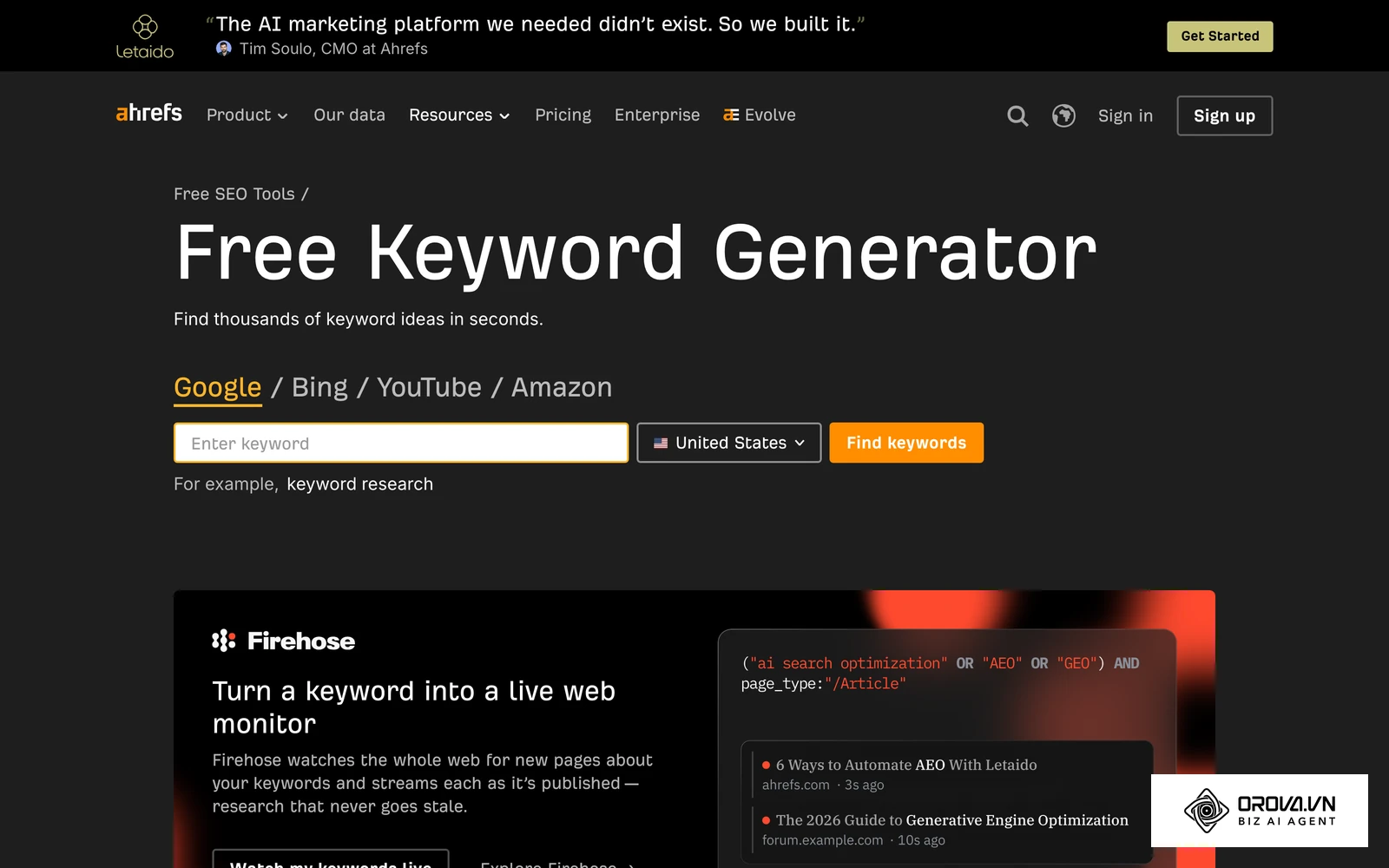 ទំព័រ Ahrefs Keyword Generator ឥតគិតថ្លៃ សម្រាប់បង្កើតគំនិតពាក្យគន្លឹះវែង និងសំណួរពីពាក្យគ្រាប់ពូជមួយ