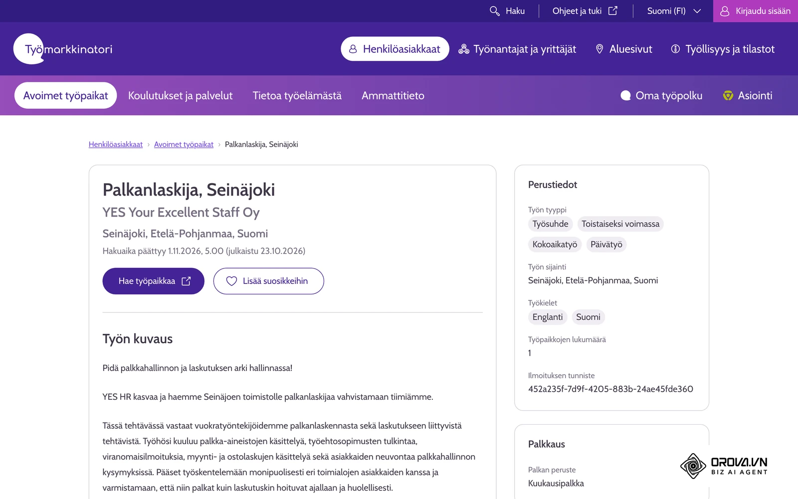 Todellinen työpaikkailmoitus Työmarkkinatorilla (Palkanlaskija, Seinäjoki): hakija näkee ensimmäisenä nimikkeen, sijainnin ja perustiedot.
