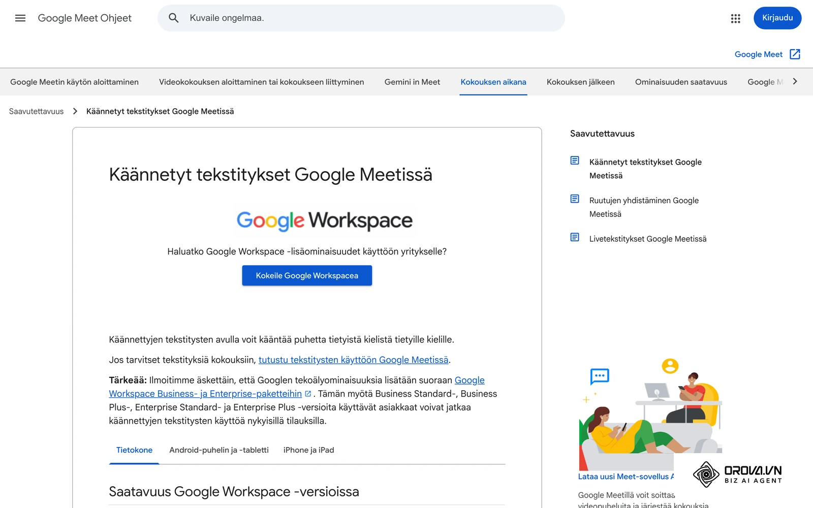 Google Meetin ohje käännetyistä tekstityksistä, joista on apua monikielisen tiimin palaverissa.
