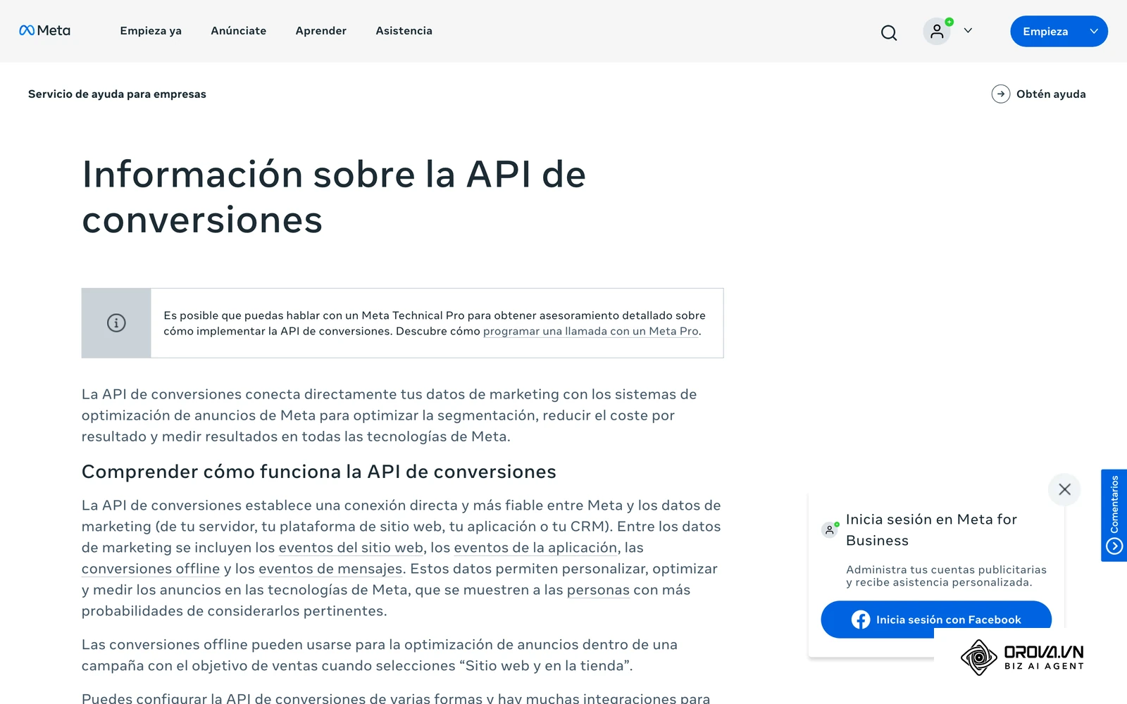 Centro de ayuda oficial de Meta Business sobre la API de Conversiones, la vía para enviar a Meta las ventas cerradas en el chat de WhatsApp.