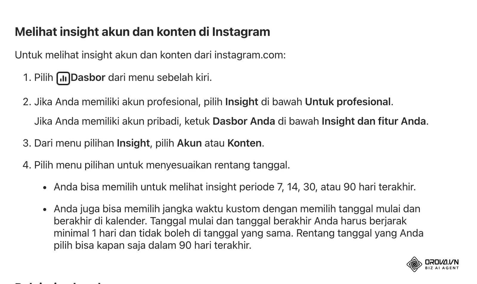 Pusat Bantuan Instagram berbahasa Indonesia: langkah membuka Dasbor, memilih Insight di bawah Untuk profesional, lalu Akun atau Konten dan rentang tanggal