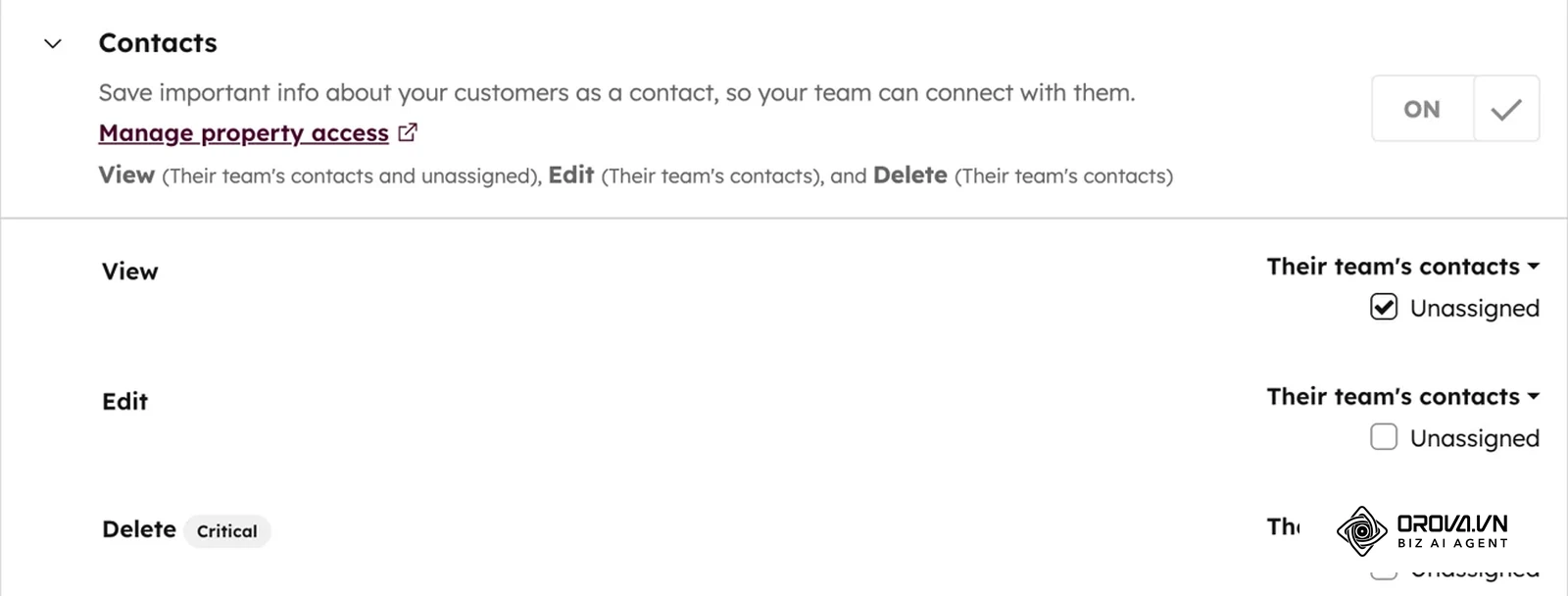 Bir CRM yardım belgesindeki örnek yetki ekranı: kişiler için Görme, Düzenleme ve Silme kapsamı ayrı ayrı seçiliyor (HubSpot yardım merkezi)