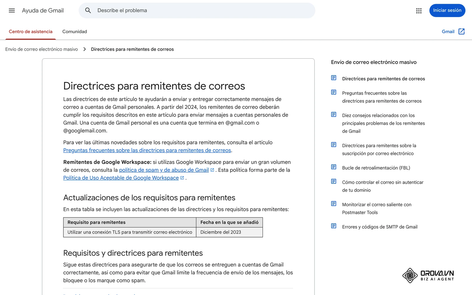 Directrices para remitentes de correos en la Ayuda de Google: requisitos de autenticación, baja y tasa de spam para escribir a cuentas de Gmail.