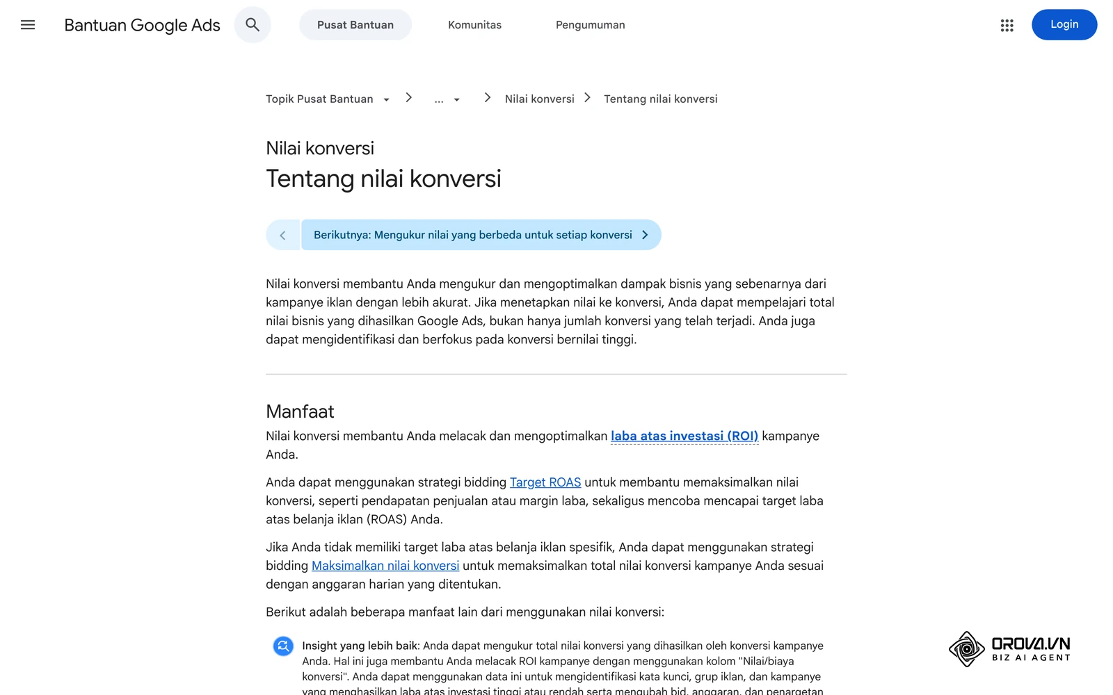 Bantuan Google Ads berbahasa Indonesia: nilai konversi, data yang wajib ada agar ROAS bisa dihitung.
