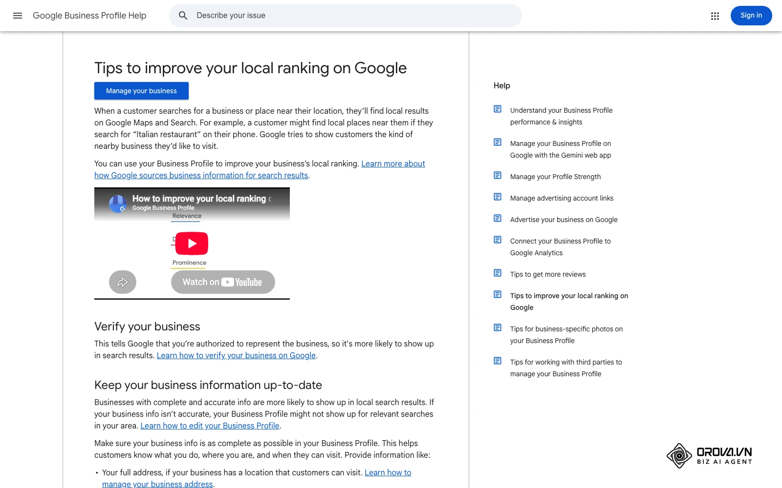 Google Business Profile Help tungkol sa pagpapabuti ng lokal na ranking: relevance, distance at prominence.