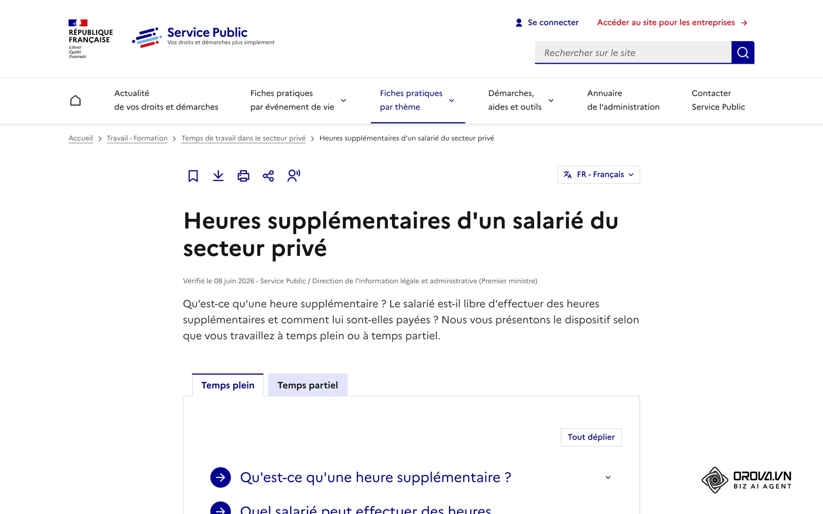 Fiche officielle Service Public sur les heures supplémentaires : majoration de 25 % puis 50 % en l'absence d'accord collectif.